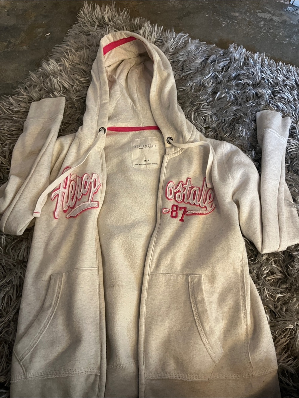 Aeropostale Cream Zip-Up Hoodie with Pink Logo